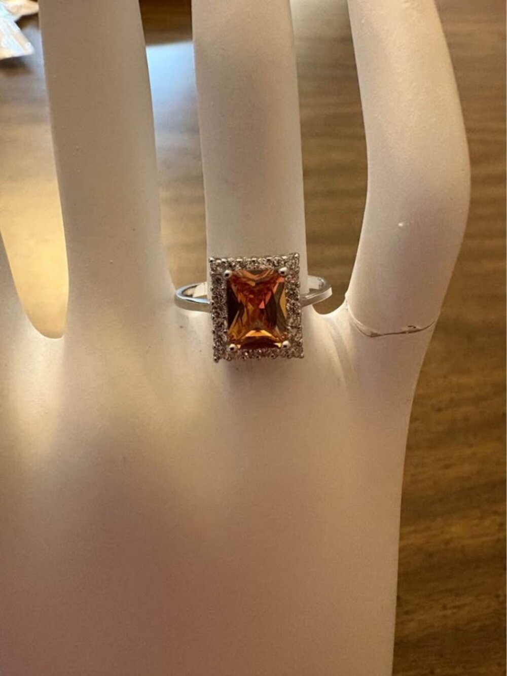 Orange Emerald Cut Halo Moissinite Ring Size 7 Sterling 925 Natural Stone